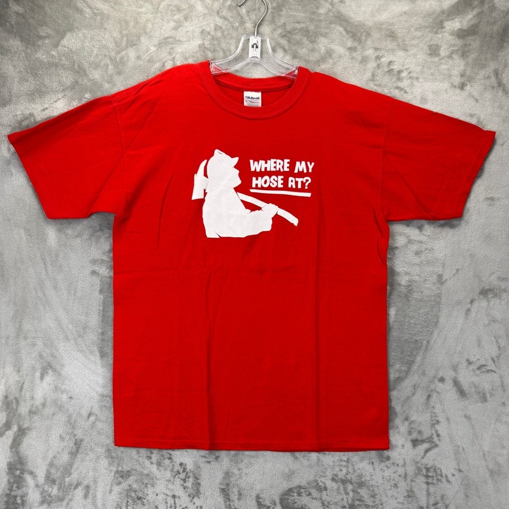 Gildan Mens Red Where My Hose At Firefighter Graphic T-Shirt Size L Humor Tee